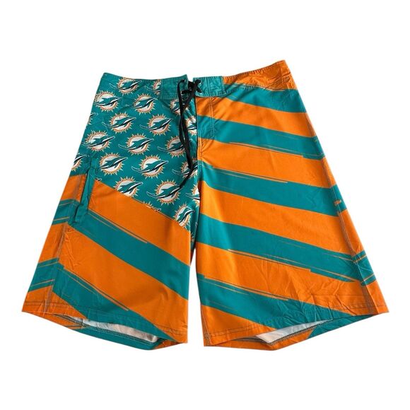Miami Dolphins NFL Mens 38 Drawstring Diagonal Flag Board Shorts Green Orange - Picture 1 of 12